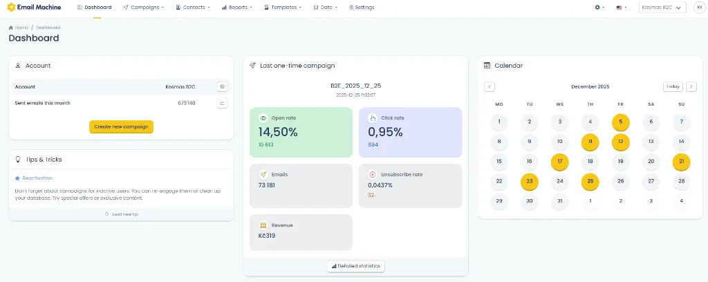 Dashboard kampaní Email Machine: přehled účtu, výkon poslední kampaně a kalendář odesílání